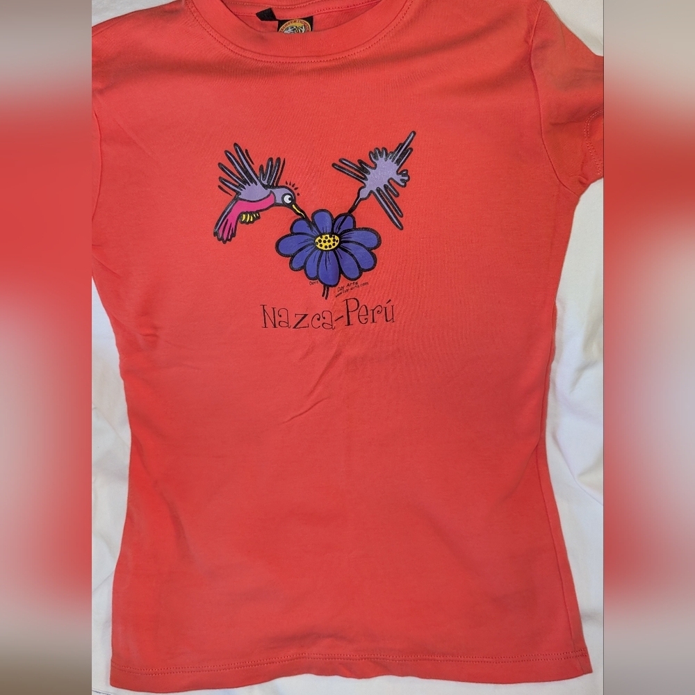 vibrant orange short sleeve t-shirt from Nazca Peru size small
